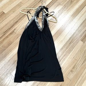 BCBG Max Azria size XS party dress, halter tie, black acetate, metal mesh V neck